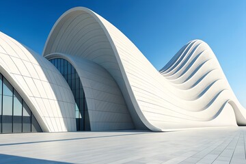 Poster - Futuristic White Architectural Structure with Flowing Curves and Glass Elements Against Blue Sky
