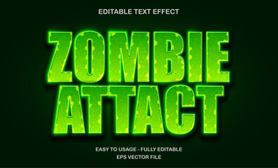 Fototapete - Zombie attack text, editable text effect template, futuristic green shiny glow movie style typeface