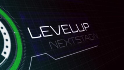 Aufkleber - Fading HUD element spinning rings and revealing LEVELUP NEXTSTAGE progressing on grid, copy space