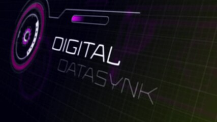 Poster - Starting display spinning on screen with magenta bar syncing data and DATASYNC label, copy space