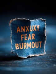 Aufkleber - Torn Paper Displaying Words Like Anxiety, Fear, and Burnout Against a Dark Blue Background Illustrating Emotional Struggles and Mental Health Issues