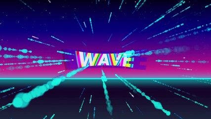 Poster - Glitching 3D WAVE text shifting RGB outlines on neon horizon, emitting teal blue particle streaks