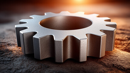 Poster - Metal gear placed on rough surface with warm light illuminating its edges. Industrial setting evokes themes of manufacturing and engineering. Concept of machinery, precision engineering, fabrication