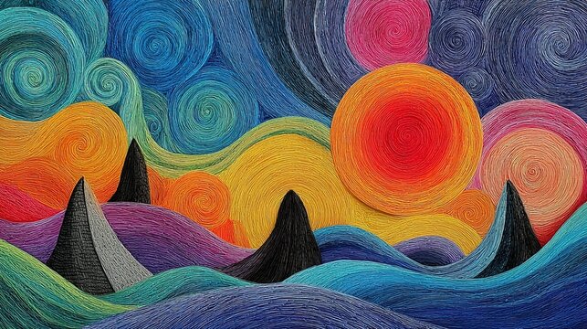 Abstract colorful landscape design of swirls and colors representing mountain and sunset sky. Ai Generative