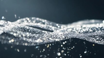 Poster - Captivating Close-Up of Glimmering Water Splash with Bubbles on Elegant Dark Background in Dynamic Motion Creating an Artful Fluid Texture 4k video footage