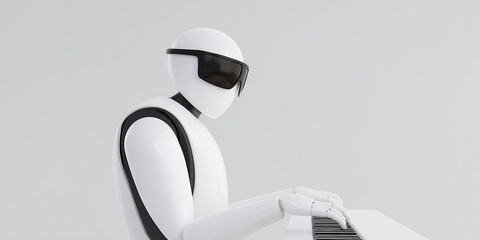 Poster - Futuristic humanoid robot wearing sunglasses is playing a white piano, showcasing advanced technology and creativity in a minimalist environment with soft lighting and sleek design