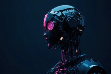 Poster - Humanoid robot stands in a dark setting, showcasing advanced design and technology with illuminated features and a sleek profile