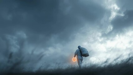 Poster - Medical scientist wearing protective gear traversing tall grass under dark, cloudy sky, carefully carrying glowing orange sample while exploring potential breakthrough in scientific research