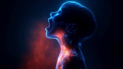 Poster - Medical visualization of a child coughing, showing inflammation in the respiratory system and diaphragm, highlighting the delicate balance of the human body and the impact of illness