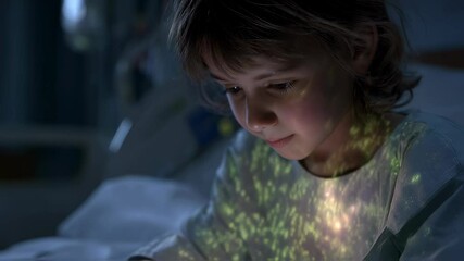 Poster - Young patient receiving futuristic genetic adaptation treatment, with bioluminescent patterns illuminating hospital bed during advanced medical visualization