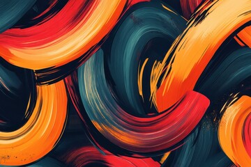 Poster - Dynamic brushstroke patterns display bold colors in an abstract artistic arrangement, showcasing vivid hues of red, orange, and dark tones in a layered composition