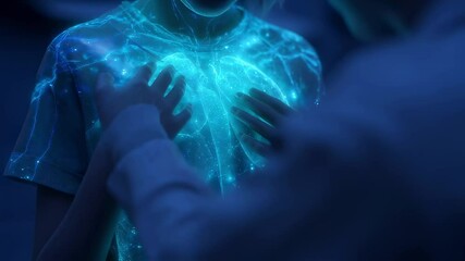 Poster - medical professional places hands on young patient's chest, revealing glowing network of energy, sug