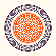 Leinwandbilder - Minimilist circular design featuring an orange floral pattern surrounded by geometric borders and a white background vector