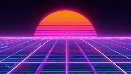 Poster - Futuristic Sunset Over Grid Landscape with Neon Colors and Retro Vibe for Digital Art, Cryptocurrency, and Technology Themes 4k video footage