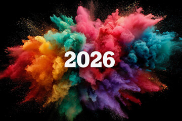 Poster - A colorful explosion of colors with the year 2026 written in white. Concept of excitement and energy, as if the explosion is a representation of the year ahead