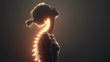 Poster - Glowing energy streaming through woman's spine, visualizing internal biological healing process with luminous medical animation representing wellness and vitality