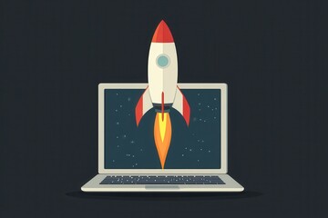 Aufkleber - Rocket launching from a laptop with a cosmic background, symbolizing innovation and technology in the digital era