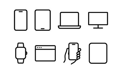 Wall Mural - Minimalist tech icon set featuring smartphone tablet laptop monitor smartwatch and web interface vector illustration