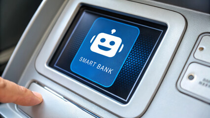 Poster - AI support for financial institutions. Smart banking interface with a robot icon on a touchscreen ATM. AI for customer service.