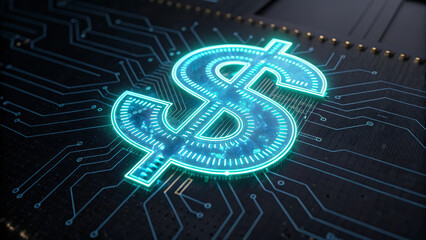 Poster - AI support for financial institutions. Digital dollar sign with circuit patterns on a black background. AI for customer service.
