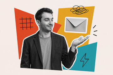 Poster - Creative collage promoting online communication and marketing strategy with businessman showing email message