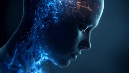 Poster - glowing blue and orange particles visualizing melatonin hormone changes in shift worker's brain duri