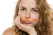 © vladimirfloyd - Young woman with curly blonde hair and bandages on upper lip from hair removal injury, close-up on white