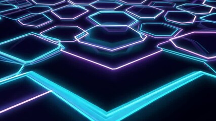 Poster - Colorful glowing hexagons forming an abstract futuristic pattern in a dark background with neon vibrancy and digital elegance reflecting modern technology aesthetics 4k video footage