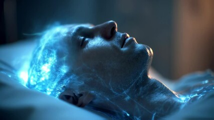 Poster - Medical visualization of a male patient lying in a hospital bed, gradually regaining consciousness after a coma, with glowing neural activity