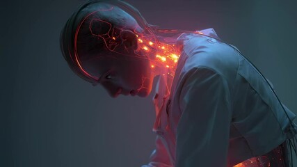 Poster - futuristic medical visualization shows glowing nervous system pathways in scientist's back and head,
