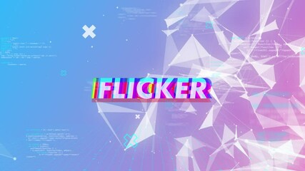 Poster - Starting FLICKER text glitching on blue to pink gradient, pulsing triangular mesh, code fragments