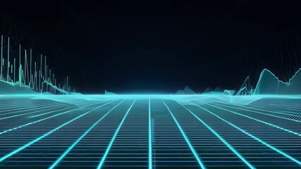 Fototapete - Futuristic Digital Landscape with Soundwave Patterns and Neon Blue Light Representing Technology and Data Visualization Concepts 4k video footage