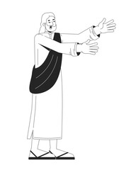 Poster - Biblical prophet in traditional robes reaching forward 2D line bible character. Holy man proclaiming. God messenger extended arms isolated vector ink outline person. Monochromatic spot illustration