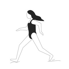 Poster - Girl running on beach in swimsuit 2D line character. Active child barefoot jogging. Seaside activity. Young woman runner isolated vector ink outline person faceless. Monochromatic spot illustration