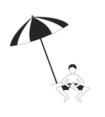 Poster - Boy building sandcastle under tilted beach umbrella 2D line character. Male child in swim trunks playing with sand castle isolated vector ink outline person faceless. Monochromatic spot illustration