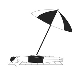 Poster - Man sunbathing face down under beach umbrella 2D line character. Parasol shade beachgoer boy lying on towel in swim trunks isolated vector ink outline person faceless. Monochromatic spot illustration