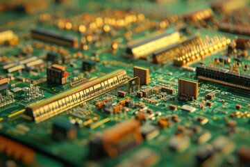 Poster - Close-up view of microchip surface showcasing intricate circuitry and technology details from a computer at a technological research facility
