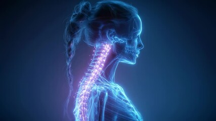 Poster - glowing medical animation revealing female skeleton's spinal cord with flowing luminescent particles