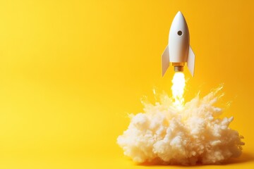 Aufkleber - Light bulb rocket launching into the sky against a vibrant yellow backdrop, showcasing the power of creativity and innovation in a bold display of imagination