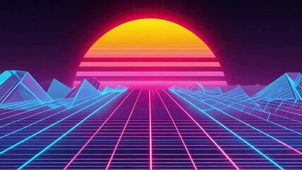 Poster - Vibrant Retro Futuristic Landscape with Neon Colors and Geometric Shapes Highlighting a Sunset Over Digital Mountains in a 1980s Inspired Style 4k video footage