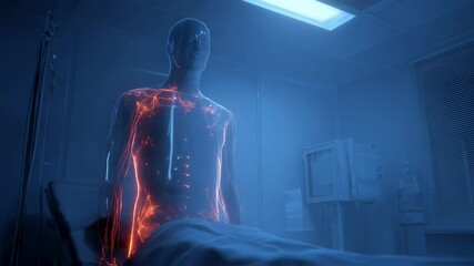 Poster - medical visualization shows a transparent human body with glowing orange nervous system sitting on a