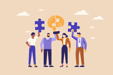 Poster - Teamwork and Creative Solutions Business People Connecting Puzzle Pieces to Form a Lightbulb Idea Innovation and Collaboration Concept