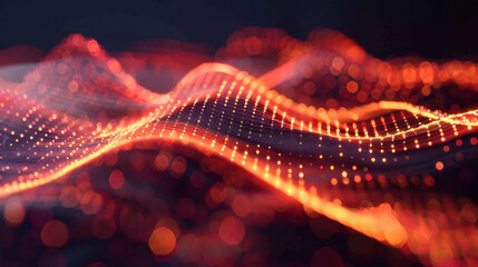 Poster - dynamic abstract wave pattern with glowing dots and lines in red and orange hues, creating sense of 