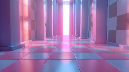 Poster - Vibrant corridor with illuminated walls and reflective floor, showcasing blend of soft blue and pink hues, creates serene atmosphere