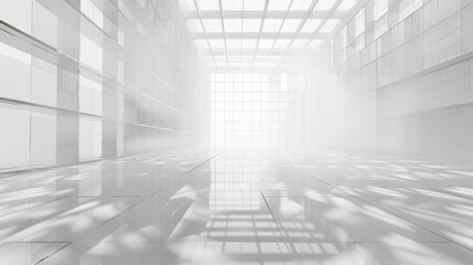 Poster - Modern, minimalistic interior space with bright, airy atmosphere, featuring glass walls and reflective floor that creates sense of depth