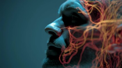 Poster - Glowing neural networks pulsating across human face, revealing intricate brain activity during complex hallucination, visualizing neurological processes of perception and consciousness