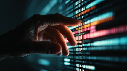 Fototapete - A hand interacting with a digital interface of colorful data streams.