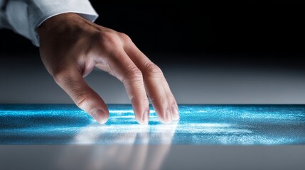 Fototapete - A hand interacting with a glowing digital surface, showcasing advanced technology.