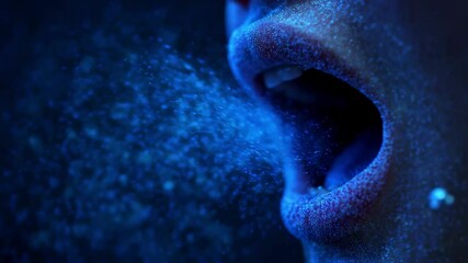 Poster - Medical visualization depicts a woman yawning and exhaling glowing particles, possibly representing oxygen or other microscopic elements, against a dark blue backdrop