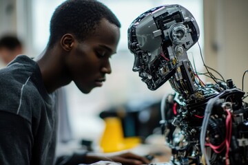 Poster - Robot training session in a workshop with focus on human interaction, technology, and engineering at an advanced robotics facility